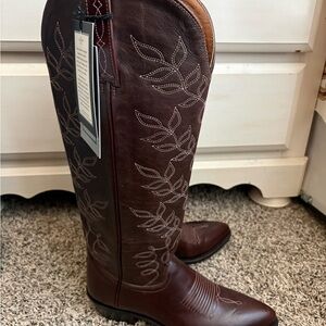 Lucchese Brown Leather Tall Western Boots with Embroidery